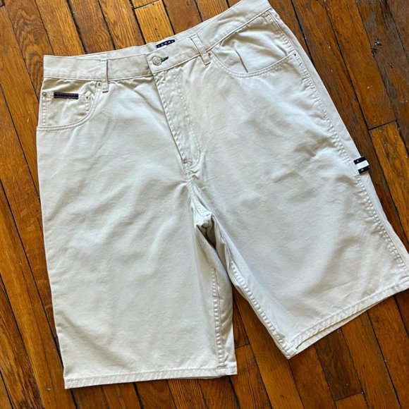 Vintage 90s Tommy Hilfiger Jeans Men's Tan Cream Hammer Loop Flag Logo Shorts. - Picture 4 of 7